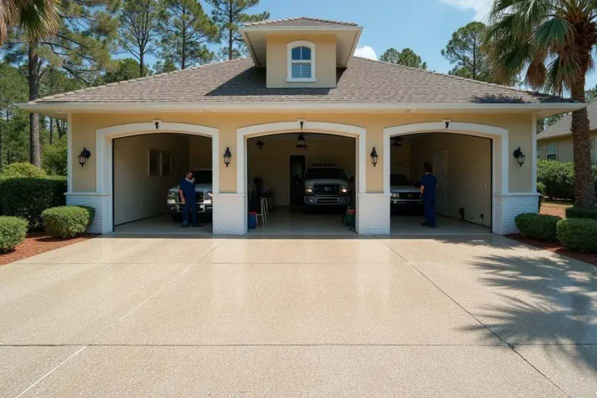 Flake-coated floor in an oversized three-bay garage in Asbury Lake, FL