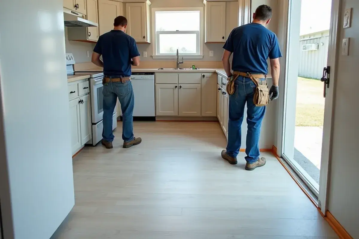 New subfloor panels fitted in a manufactured home kitchen in Baker County, FL