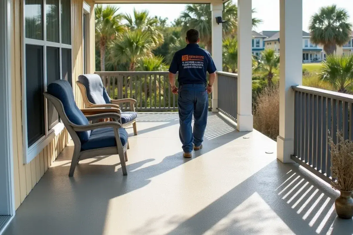 Textured coating on a screened porch floor of a beach house in Butler Beach, FL