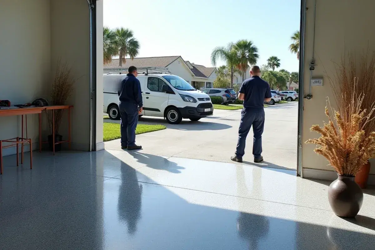 Flake epoxy garage floor finished in a Southside subdivision home in Duval County, FL