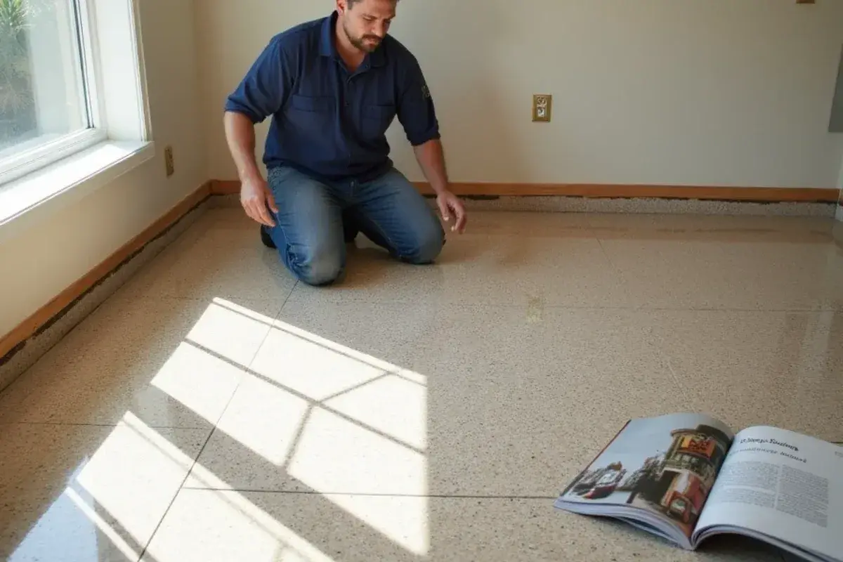 Terrazzo floor uncovered beneath old carpet in a mid-century home in Duval County, FL