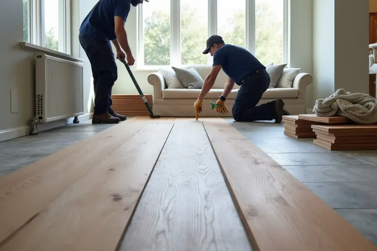 Engineered oak planks going down over a moisture barrier in a Fleming Island, FL home
