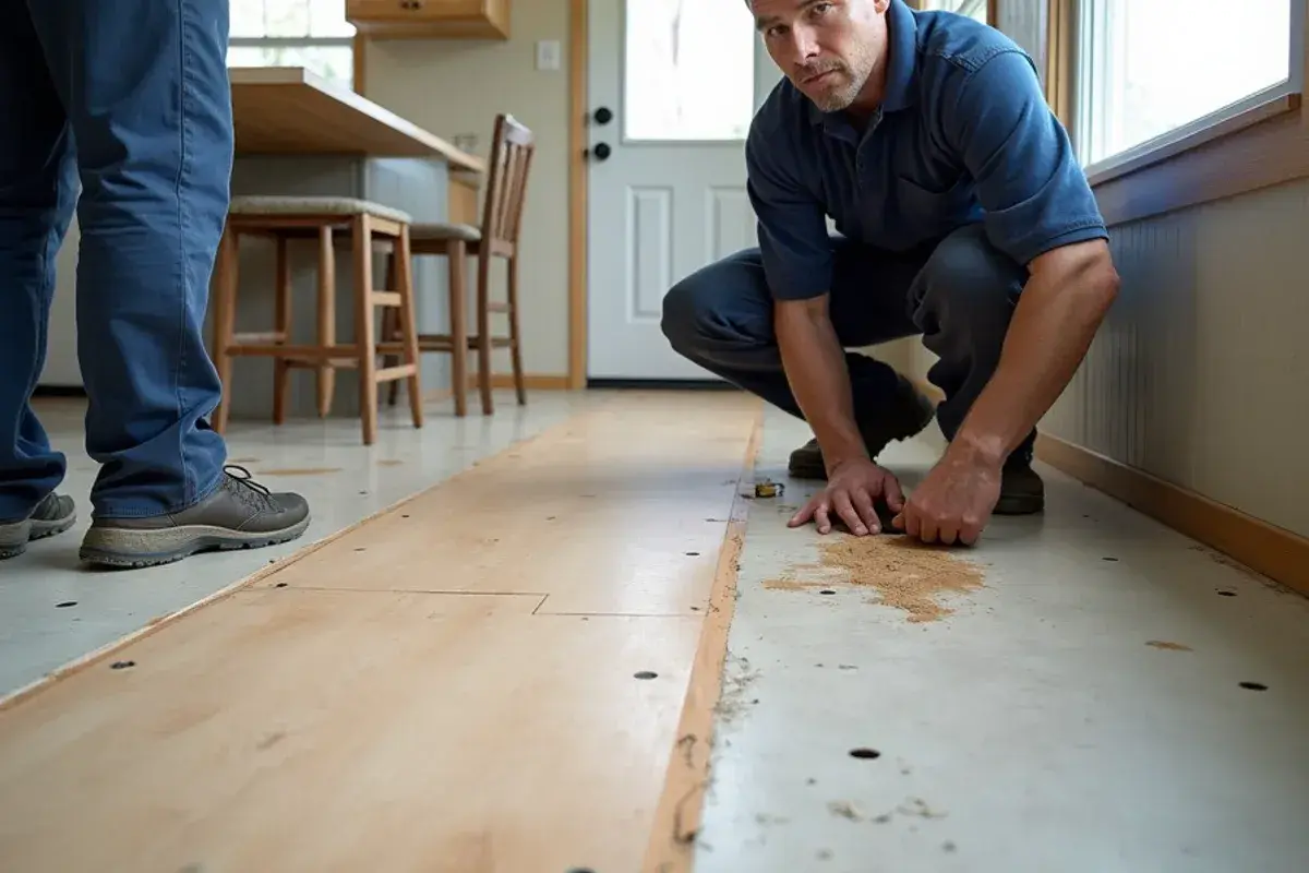 New subfloor panel patched into a manufactured home kitchen near Hilliard, FL