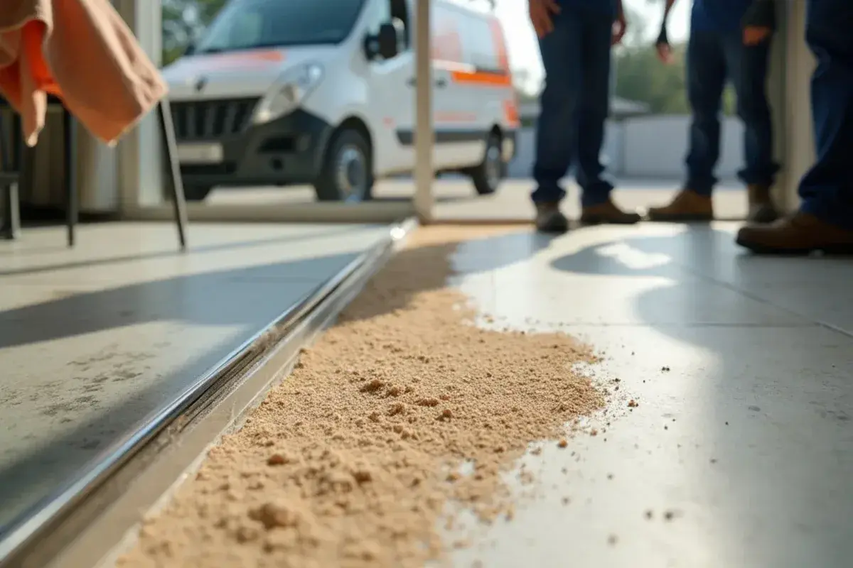 Sand tracked across a worn floor at a balcony slider in a Jacksonville Beach, FL condo