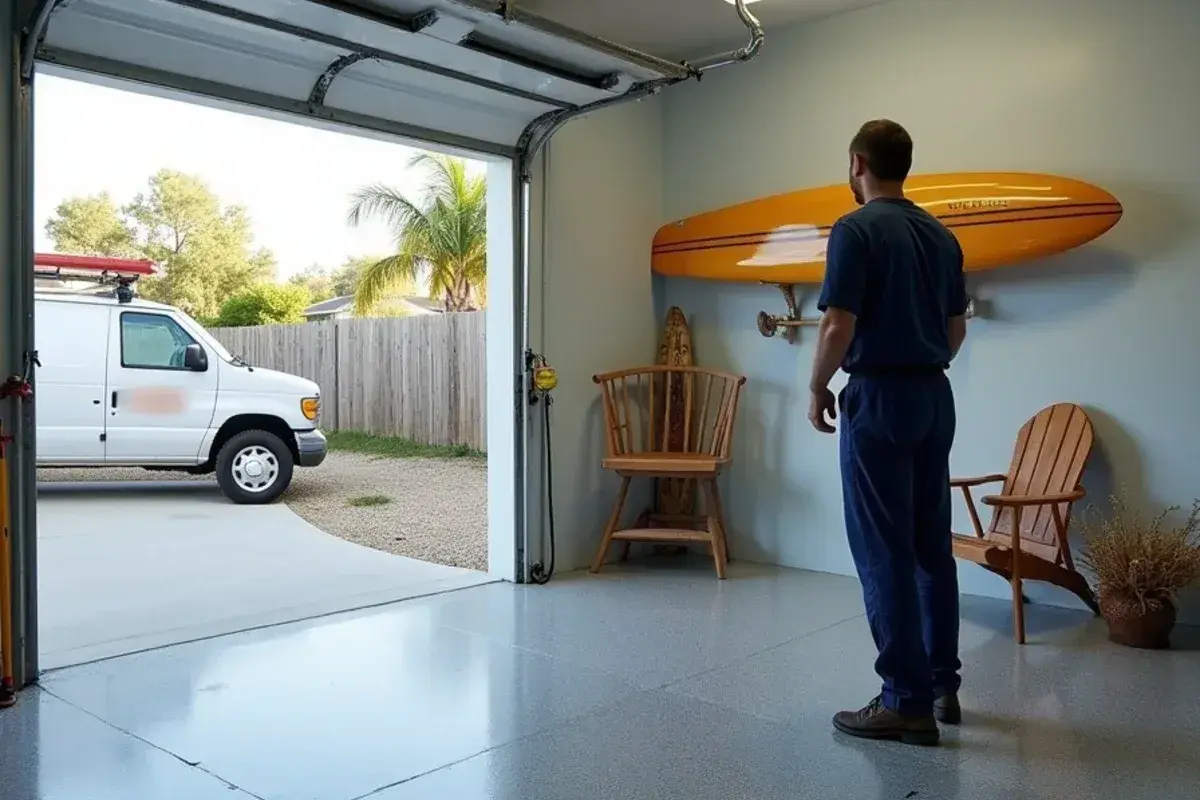 Gray flake epoxy floor in the garage of an older beach cottage in Jacksonville Beach, FL