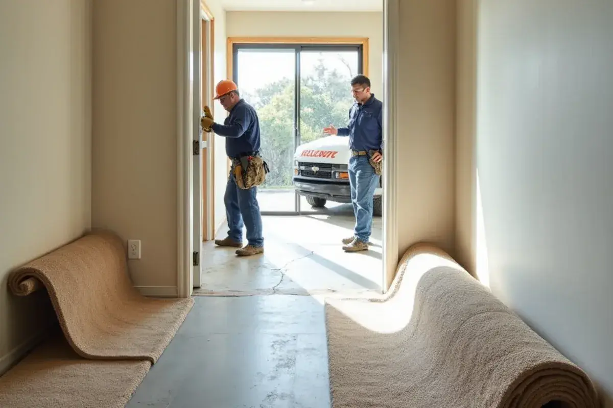 Worn builder carpet rolled up for removal in a Lakeside, FL slab home