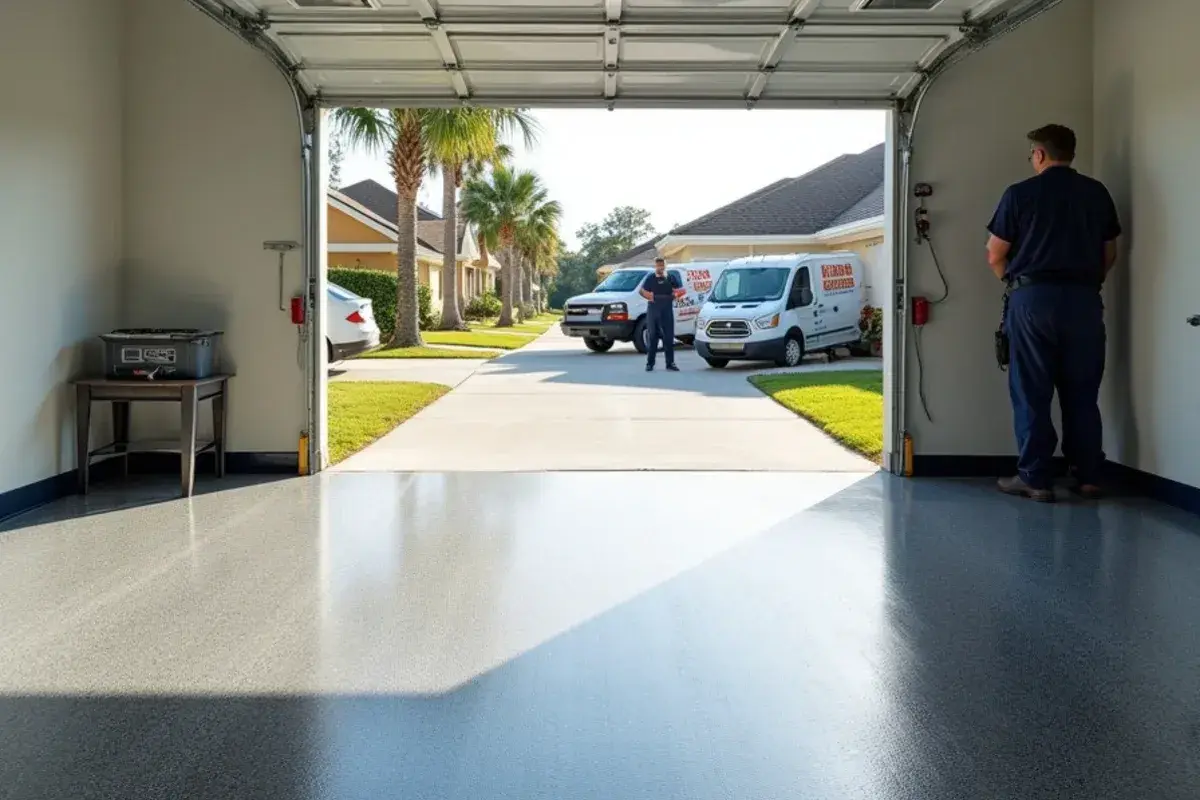 Gray flake epoxy floor finished in a two-car garage of a Lakeside, FL home