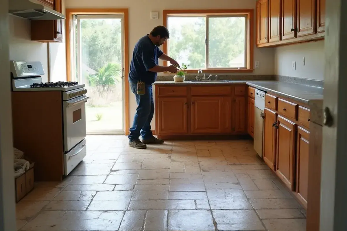 Dated cushioned sheet vinyl in the kitchen of a 1970s ranch home in Macclenny, FL