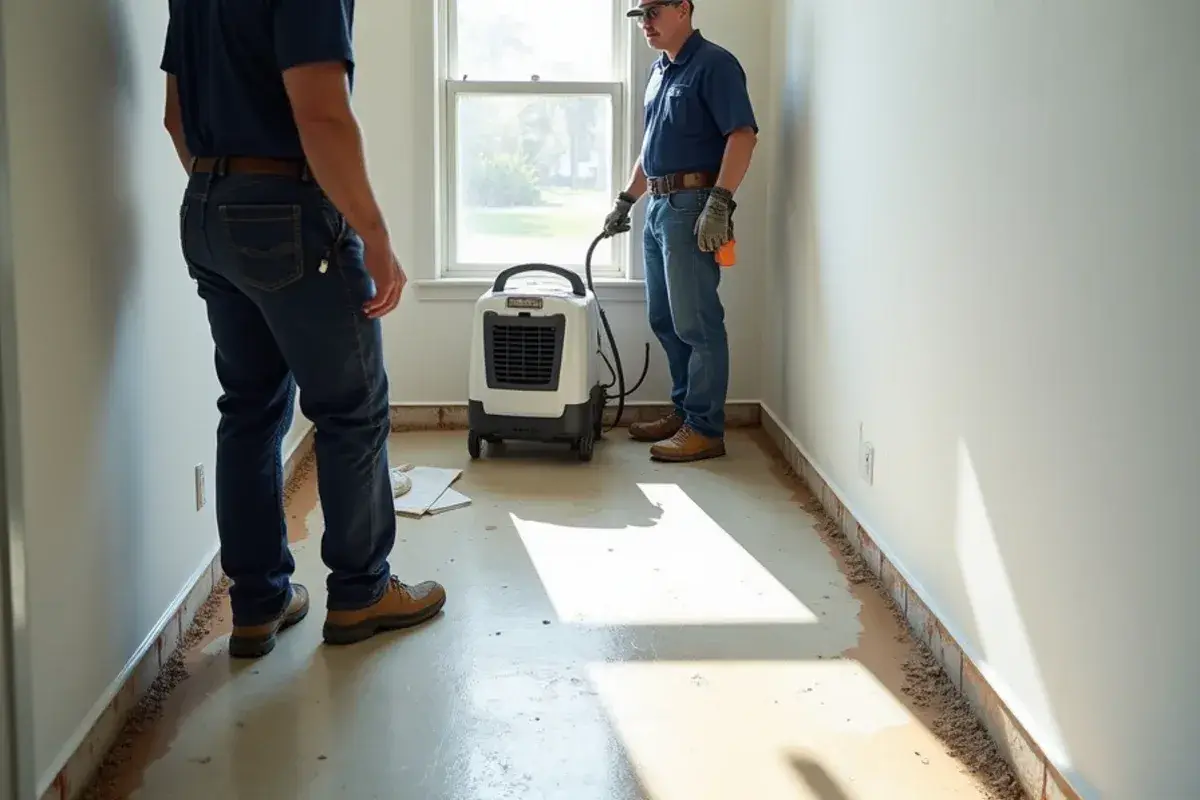 Water line on drywall above a bare slab after a creek flood in Middleburg, FL