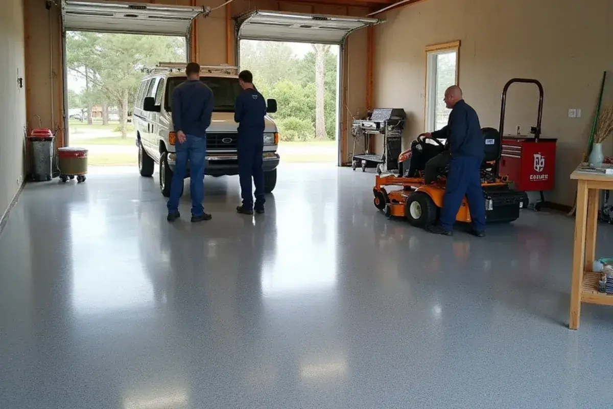 Finished gray epoxy floor in a detached pole barn shop in Middleburg, FL