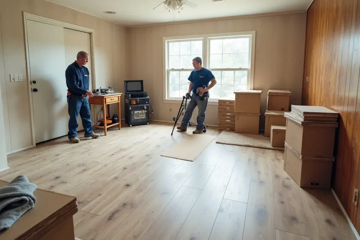 Worn carpet being replaced in a manufactured home on acreage in Nassau Village-Ratliff, FL