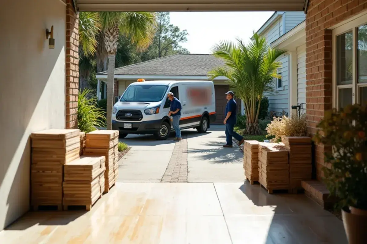 Boxes of plank flooring stacked in the carport of a small ranch house in Neptune Beach, FL
