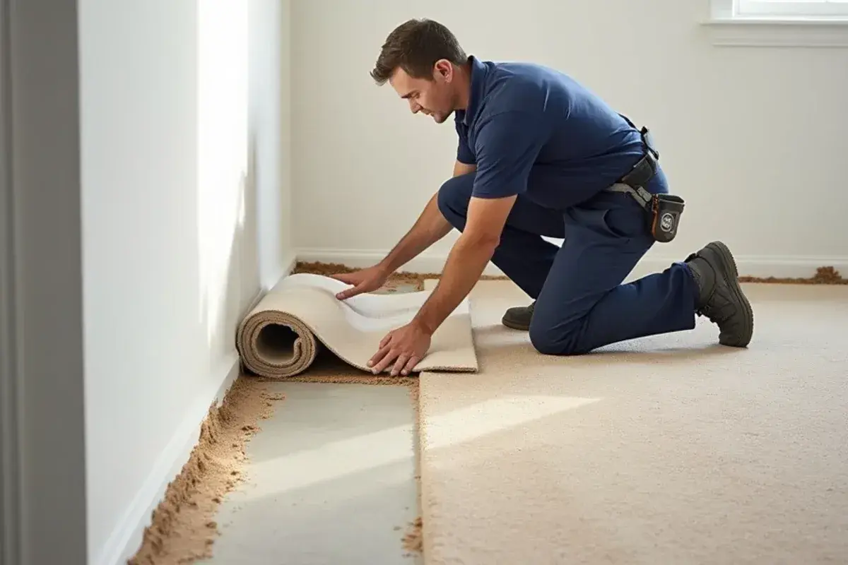 Builder carpet pulled up to reveal a young concrete slab in Nocatee, FL