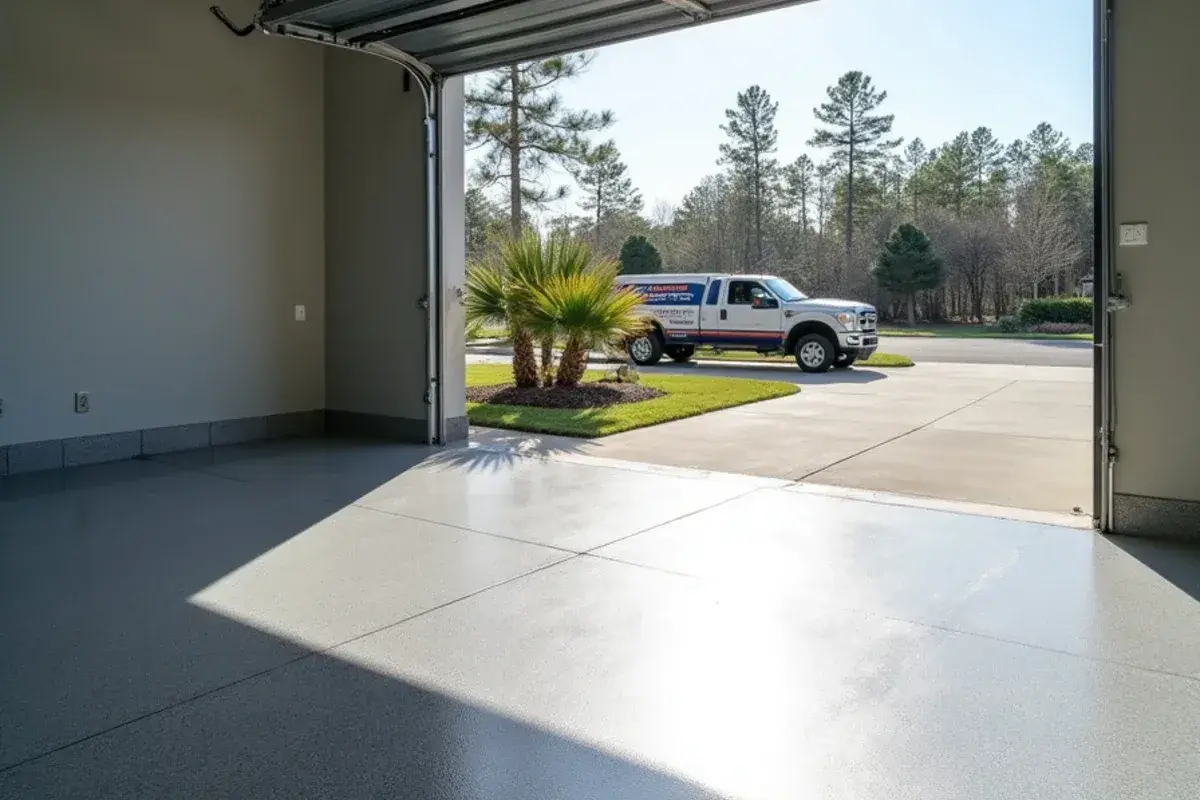 Gray flake coating finished on a new three-car garage slab in Nocatee, FL