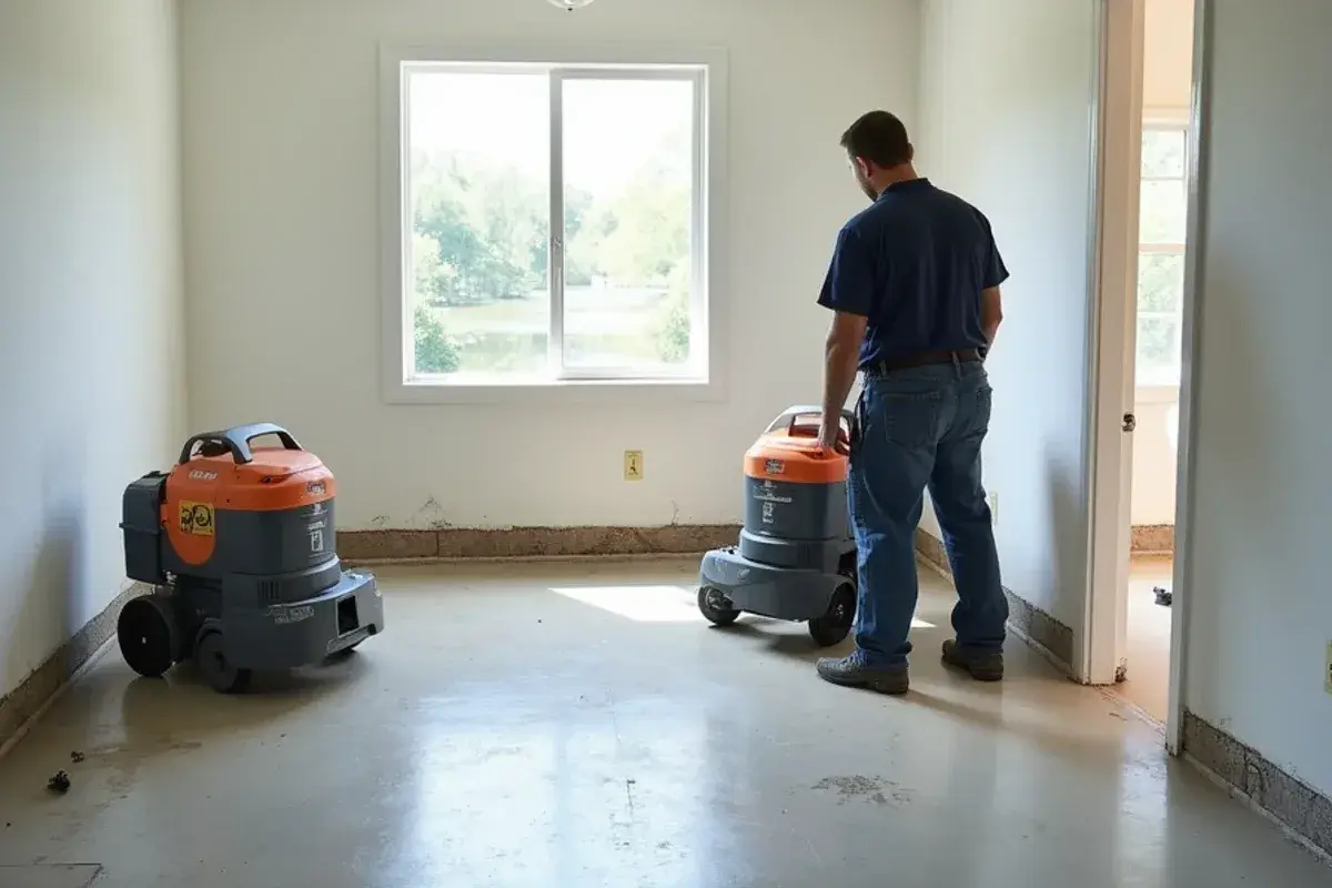 Fans drying a slab after river flooding in a riverfront home in Orange Park, FL