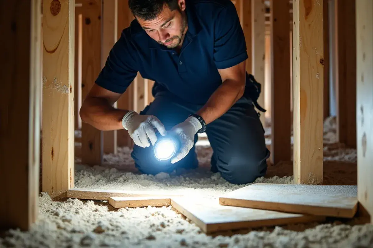 Installer checking subfloor plywood from the crawlspace of a raised home in Palm Valley, FL