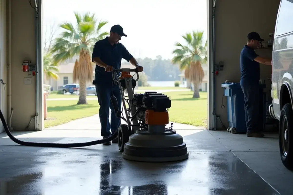 Diamond grinder prepping a damp garage slab on a low lot in Palm Valley, FL