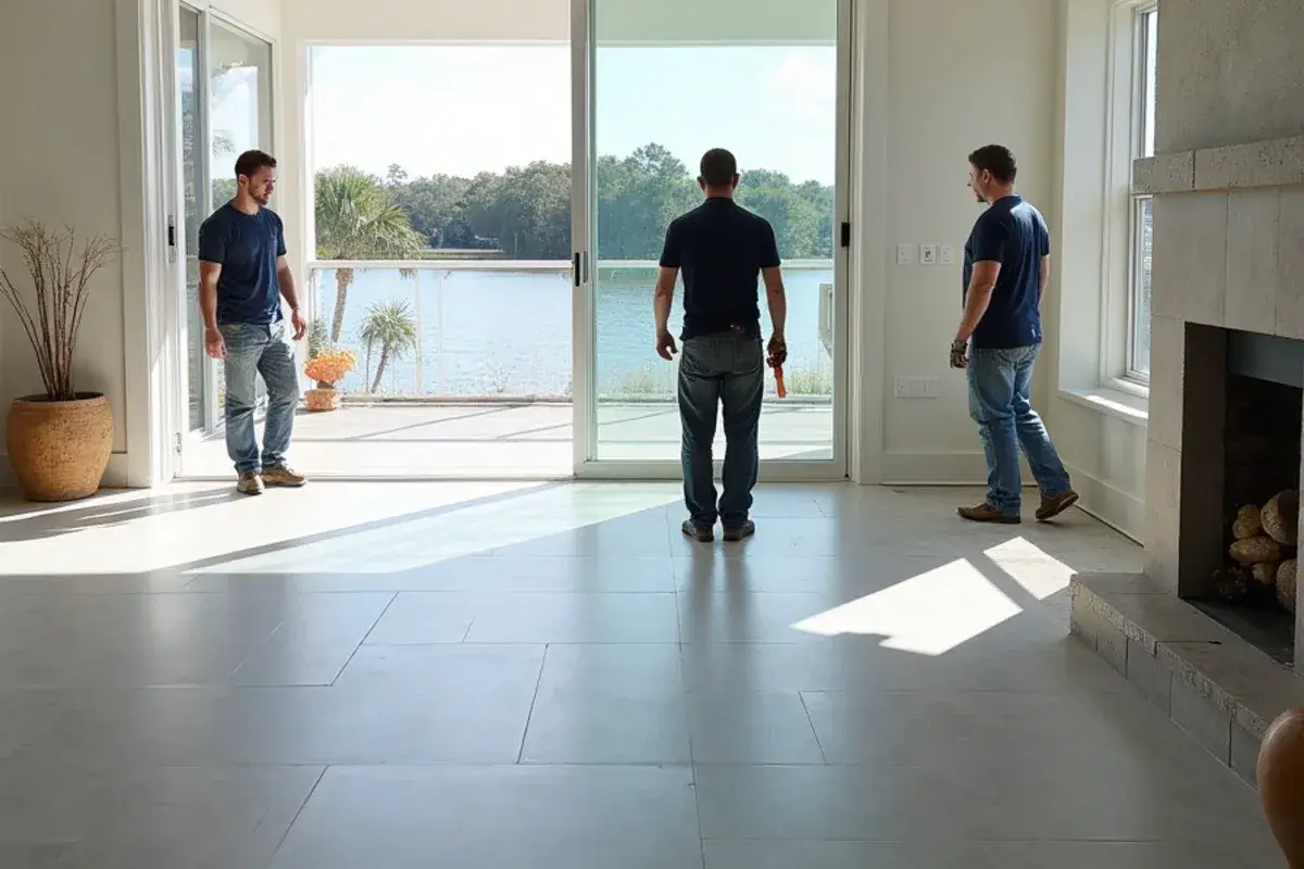 Large porcelain tile laid in a ground-floor room of a waterfront home in Palm Valley, FL