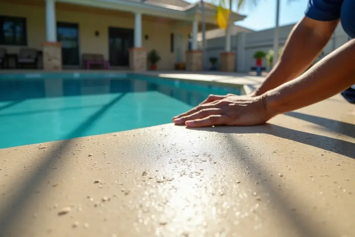Freshly coated pool deck behind a waterfront home in Palm Valley, FL