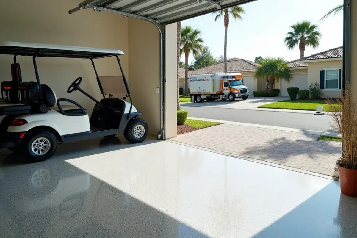 Gray flake epoxy floor in a car and golf cart garage in Sawgrass, FL