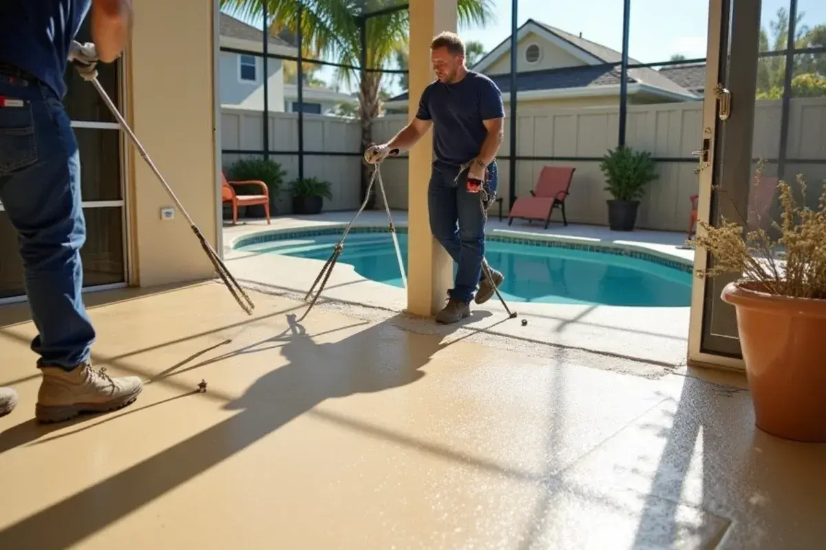 Textured coating on a lanai floor beside a pool in St. Augustine Beach, FL