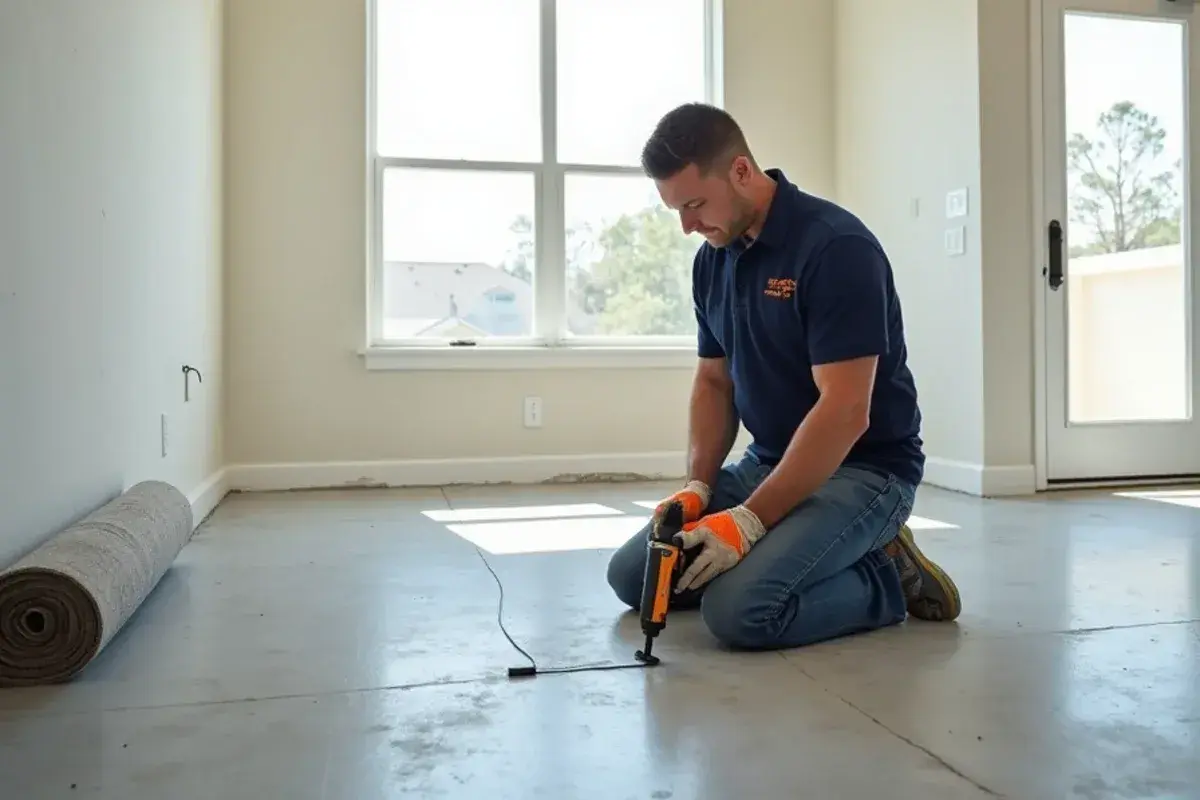 Installer reading a moisture meter on a bare slab in a newer subdivision home in St. Johns County, FL