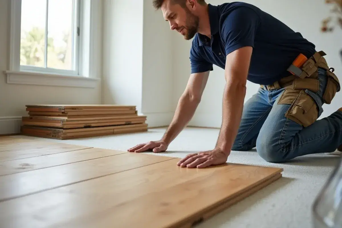 Installer laying engineered wood over a tested slab in World Golf Village, FL