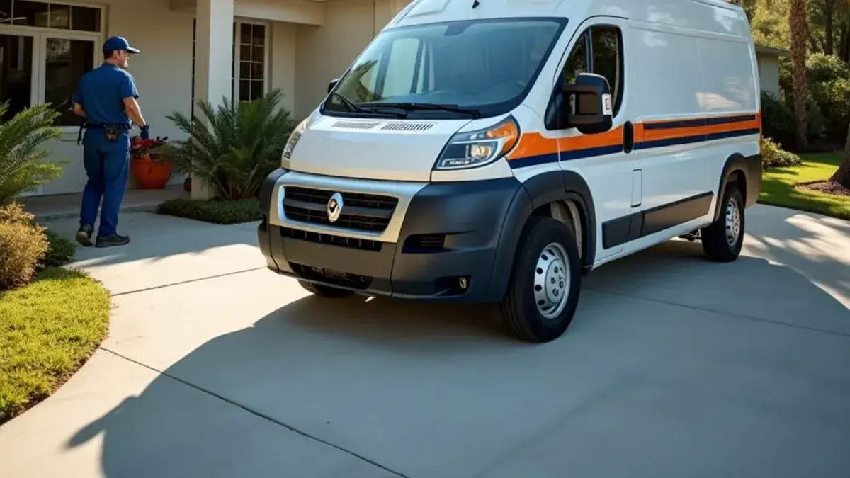 Work van parked at a single-story slab home on a quiet street in Northeast Florida near Jacksonville