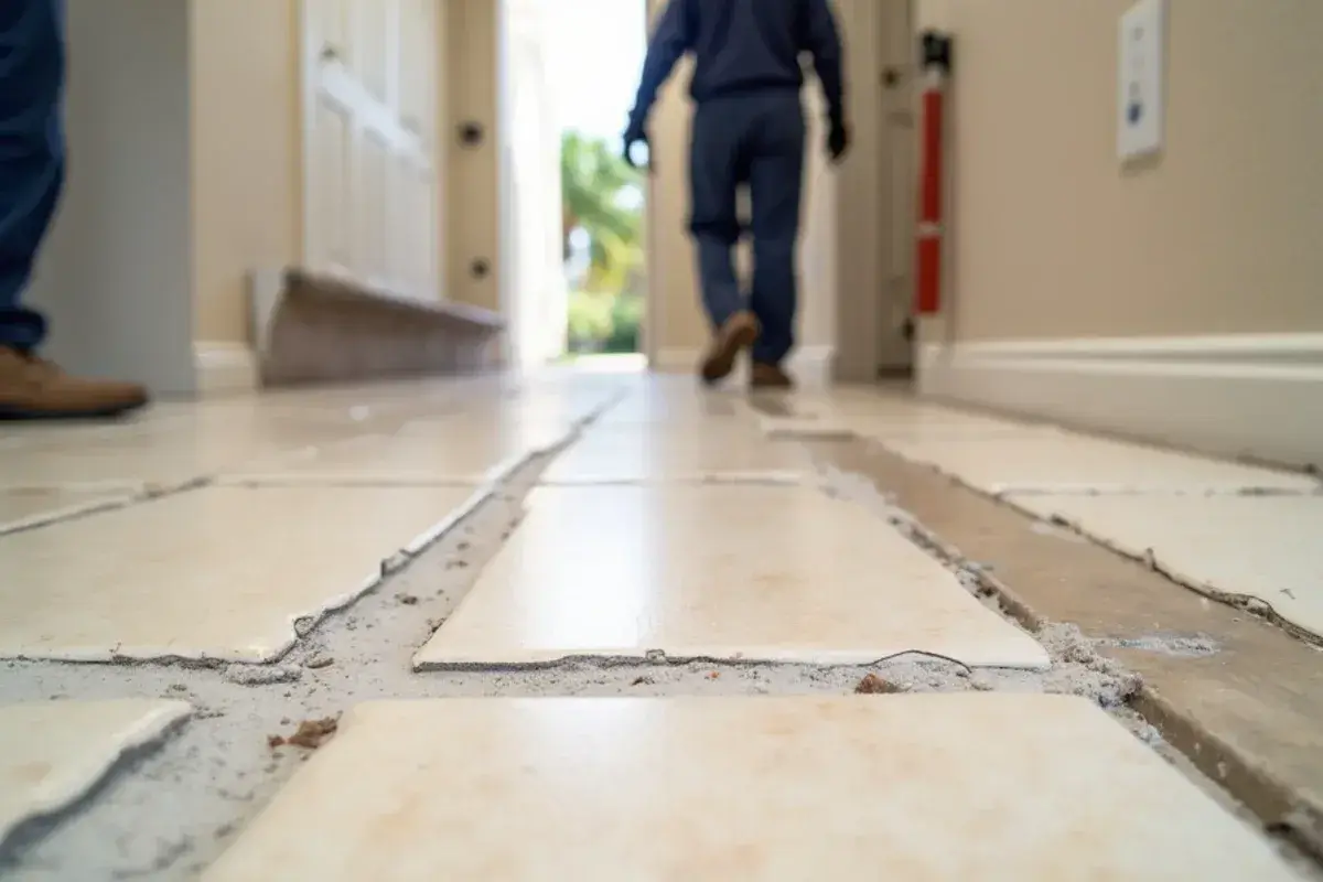 Tented floor tiles lifted in a ridge across a hallway of a Jacksonville, FL home