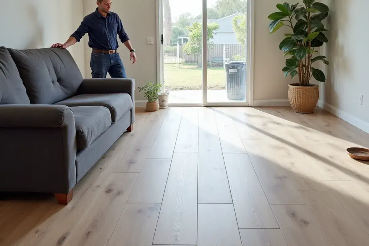 Finished wood-look porcelain tile floor in a bright Jacksonville, FL living room