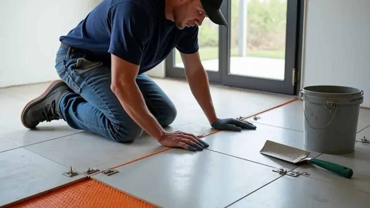 Large-format porcelain tile being set over an orange uncoupling membrane in a Jacksonville, FL great room