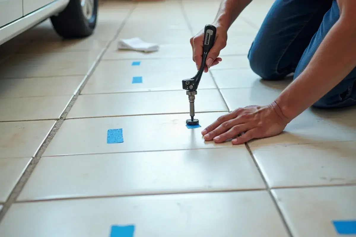 Hollow-sounding floor tiles marked with tape during a tap test in a Jacksonville, FL kitchen