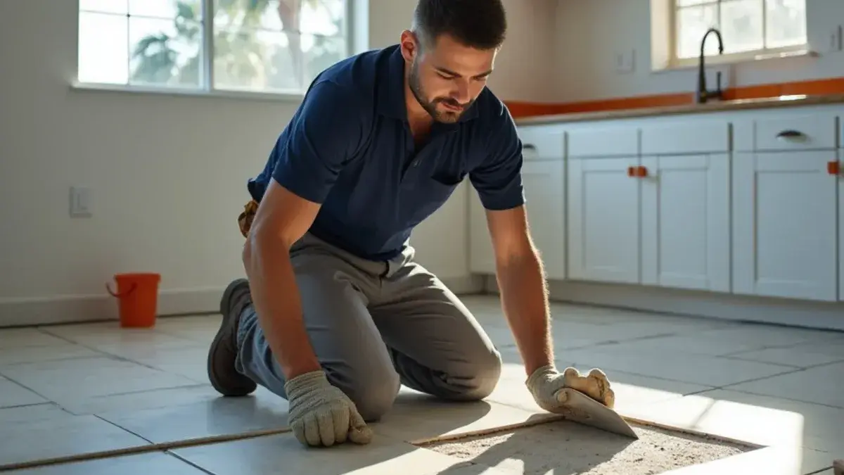 Technician lifting out a single cracked porcelain tile in a kitchen in Jacksonville, FL