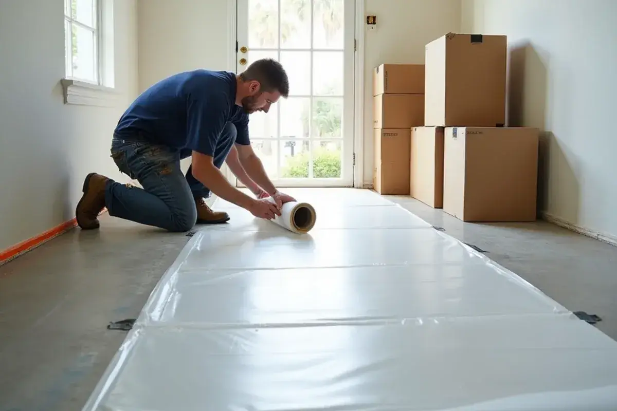 Moisture barrier rolled over a dried slab before new vinyl plank in a Jacksonville, FL home