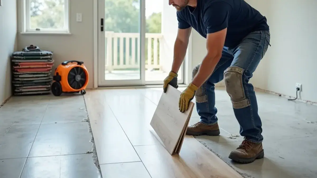 Crew removing water-stained vinyl plank from a dried concrete slab in a Jacksonville, FL living room